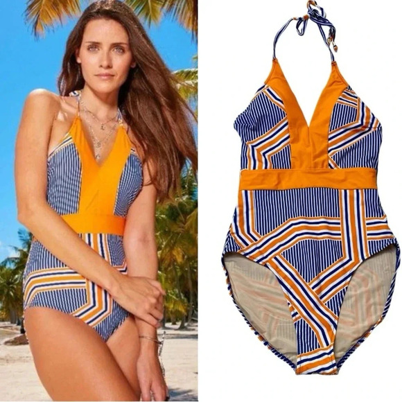 Cabana Life Orange Drive One-Piece Swimsuit Blue Orange Striped – NWT Size M - Picture 2 of 15